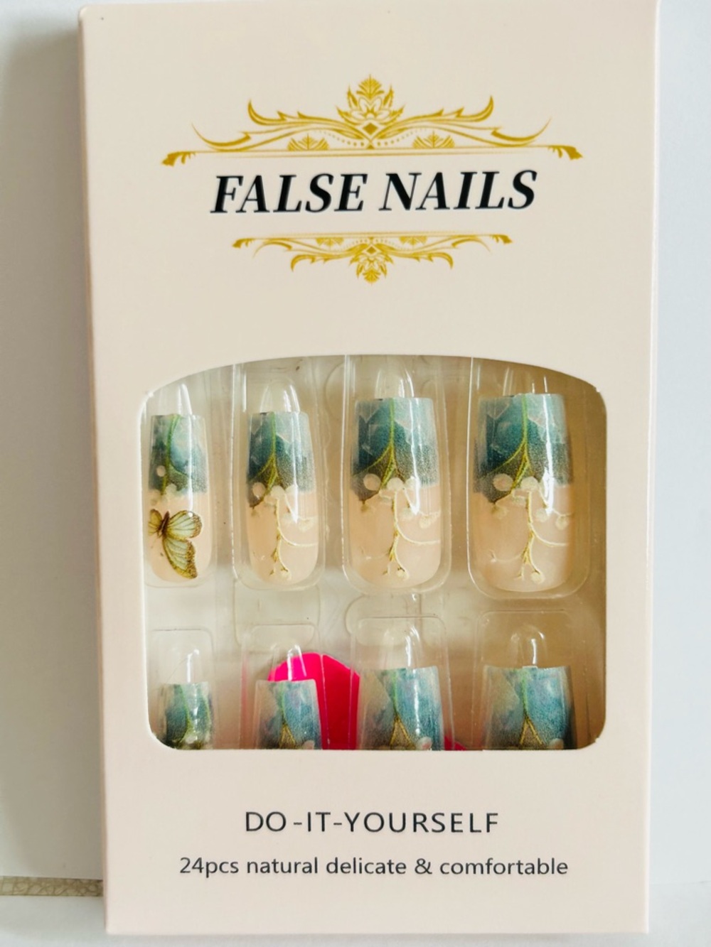 Do-It-Yourself Blue Floral & Gold Accent Press-On Nails